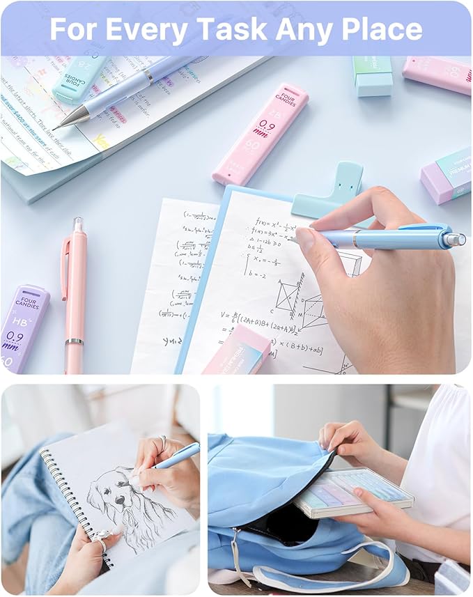 Four Candies 0.9mm Mechanical Pencil Set - 6PCS Cute Pencils with 360PCS HB & 2B Lead Refills, 3PCS Pastel Erasers and 9PCS Eraser Refills, Aesthetic School Supplies for Student Writing Drawing