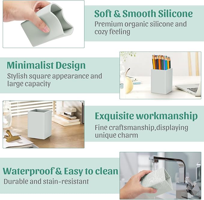 Pen Holder for Desk,Nordic Elegance Square Silicone Pencil Holder Soft Minimalist Desk Pen Cup Stand Waterproof Multifunctional Office Supplies for Home,Kids and School(Grey)