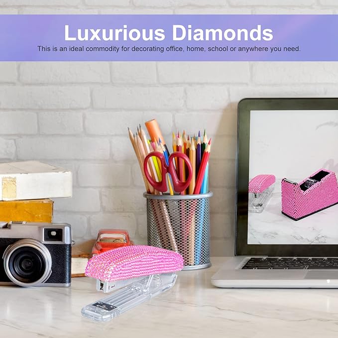 Pasted Diamond Crystal Handmade Bling Dazzling Stapler for Office, School, or Home (Pink)
