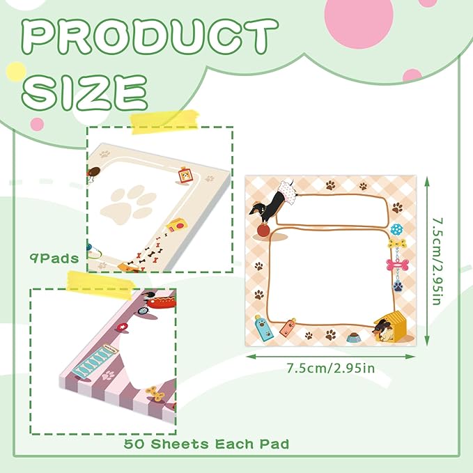 9 Pcs Cute Dachshund Notepads 3" x 3" Self-Adhesive Note Pads Fun Memo for Work Office Supplies School Home - 450 Sheets Reusable Dachshund Sticky Notes