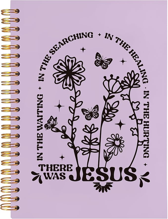 BearCake Boho Floral Christian Notebook Journal, Christian Gifts for Women, Bible Notebooks for Note Taking, Bible Journaling Notebook, Where the Jesus Hardcover Spiral Notebook 5.5x8.3 purple