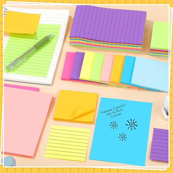 Yexiya 64 Pcs Lined Sticky Notes Self Stick Notes with Lines Bright Assorted Colors Sticky Pad for Home Office Products Post Memos, 1920 Sheets(4 x 6 Inch, 3 x 3 Inch,Multi Color)