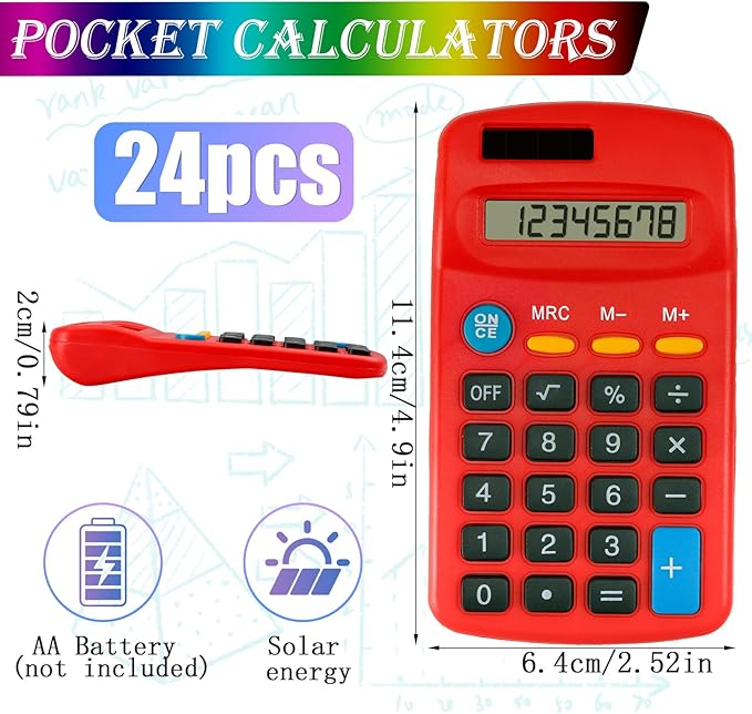 Blcculi 24 Pack Pocket Calculator,Mini Calculators,Pocket Size Basic Calculators,Solar Battery Dual Power Function Calculator,8 Digit Display Small Calculator for Students Kids Home Office(6 Colors)