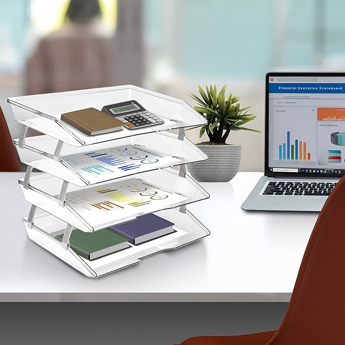 Acrimet Facility 4 Tier Letter Tray, Side Load, Letter Size/A4, Desktop File Organizer, Plastic (Clear Crystal)