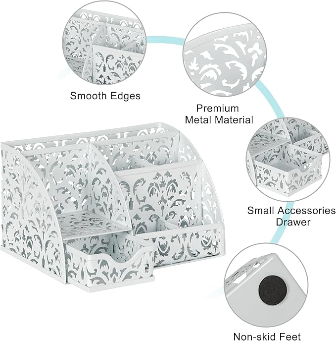 EasyPAG Pen Holder Desk Organizer with Drawer Pencil Cup for Desk 6 Compartments Metal Office Caddy Storage with Sticky Notes Holder for School Home Office, White