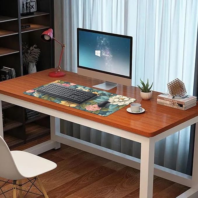 Colorful Flowers Desk Pad Mouse Pad,Large Floral Mouse Mat with Stitched Edges,Non-Slip Rubber Base Mousepad for Office PC Keyboard Laptop and Home Work Desk Mat(27.5X11.8 in)