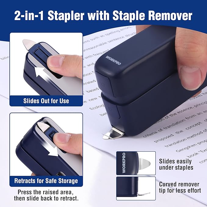 WORKPRO 2-in-1 Stapler with Staples & Staple Remover, 40 Sheet Capacity, Flat Clinch Design, Storage Space, Includes 2000 Standard Staples - Non-Slip Office Stapler for Desk, Classroom, Dark Blue