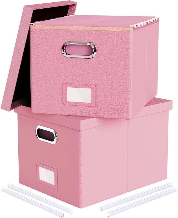 2 Pack File Storage Organizer Box,Filing Box,Portable File Box with Lid,Fit for Letter/Legal File Folder Storage, Pink(Leather)-Box only
