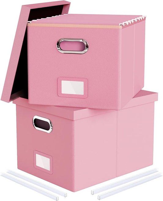 2 Pack File Storage Organizer Box,Filing Box,Portable File Box with Lid,Fit for Letter/Legal File Folder Storage, Pink(Leather)-Box only