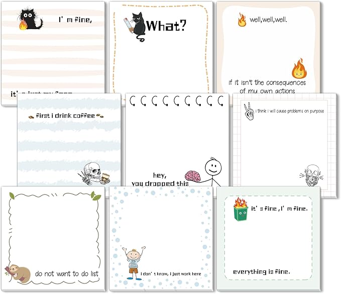 ZCPTZ 9 Pcs Funny Notepads 3" x 3" Self-adhesive Note Pads Fun Memo for Work Office School Home - 450 Sheets Reusable Cute Sticky Notes