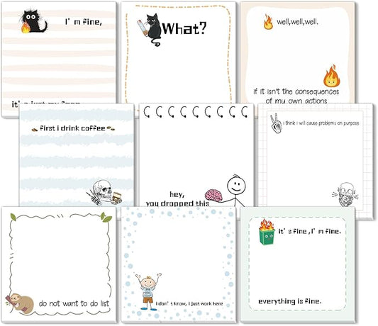 ZCPTZ 9 Pcs Funny Notepads 3" x 3" Self-adhesive Note Pads Fun Memo for Work Office School Home - 450 Sheets Reusable Cute Sticky Notes