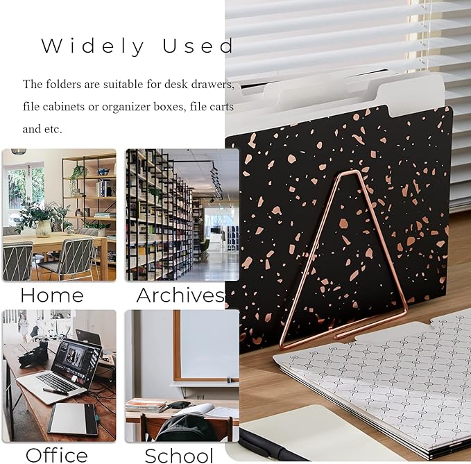 Y YOMA 12 Pack Rose Gold File Folders Letter Size Decorative File Folder Cute Pretty Colored Heavyweight Filing Folder File Organizers for Office School Home Desktop with 1/3-Cut Tab, Black & White