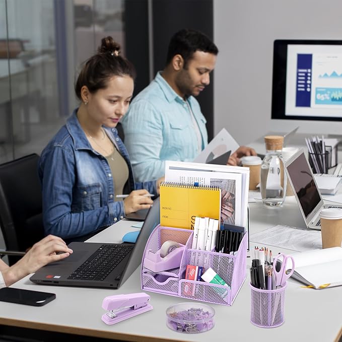 17 in 1 Purple Desk Organizers and Accessories Set, 3 Office Desk Supplies Storage Organization, 4 Pens, Stapler, Staples & Remover, Tape & Dispenser, Scissors, Ruler, Clips, Hole Punch Back to School