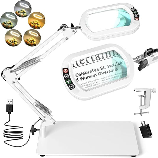 Drdefi 10X Square Magnifying Glass with Light and Stand, Real Glass LED Lighted Magnifier, 5 Color Modes Stepless Dimmable, Hands-Free Mag Desk Lamp with Clamp for Reading Craft Hobby Close Work White
