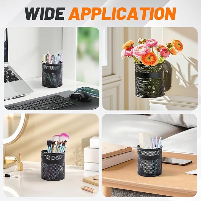Segarty Pen Cup, 6 Pack Black Pen Holder for Desk, 3.9 x 4.2 inch Large Mesh Round Pencil Container Set Marker Holder Organizer for Office Supply, Desktop Accessories, School Student Teacher