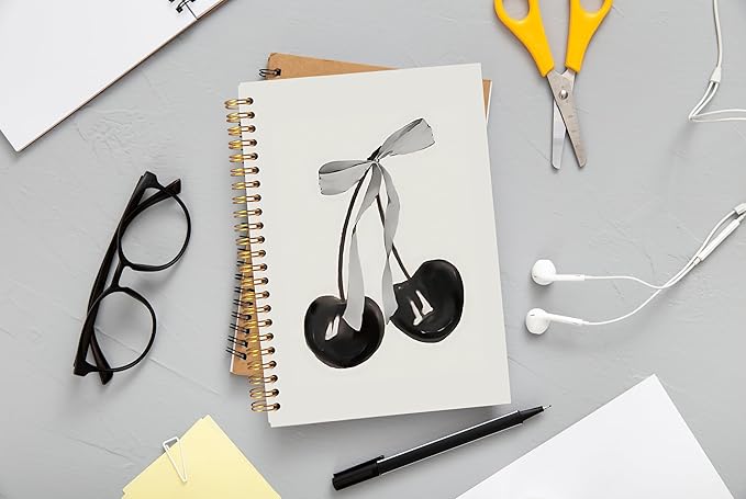 Coquette Black Bow Notebook Journal, Preppy Cherry Journal Notebook for Note Taking Work, Preppy Gifts For Women, Black Office Supplies, Spiral Notebook 5.5x8.3 Inch