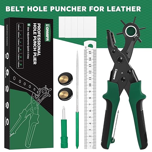 Professional Leather Hole Punch Plier - Tonmifr Heavy Duty 6 Sizes Belt & Watch Band Hole Puncher Tool, Leather Craft Tool for Belts, Handbags, Straps, Cardboard, Precision Ground Punches with Non-Sli
