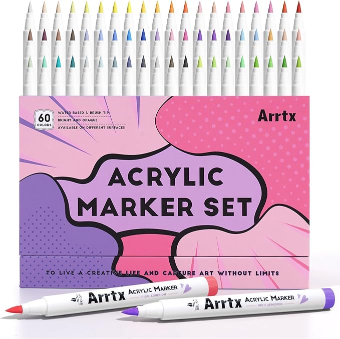Arrtx Acrylic Paint Markers 60B,Brush Tip Acrylic Markers for Rock Painting,Glass,Stone,Wood,Ceramic Fabric Art Supplies,Stocking Stuffer Gifts for women men