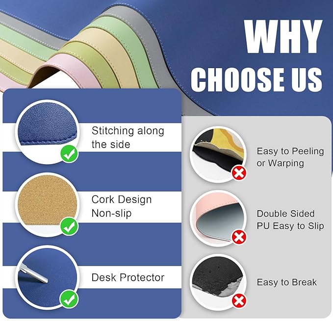 BLESWIN Large Desk Pad Mat 47.2"" x 17"", Office Desk Mat, Non-Slip PU Leather & Cork Desk Blotter for Keyboard and Mouse, Large Desk Mat, Large Mouse Pad for Office & Home(Dark Blue)