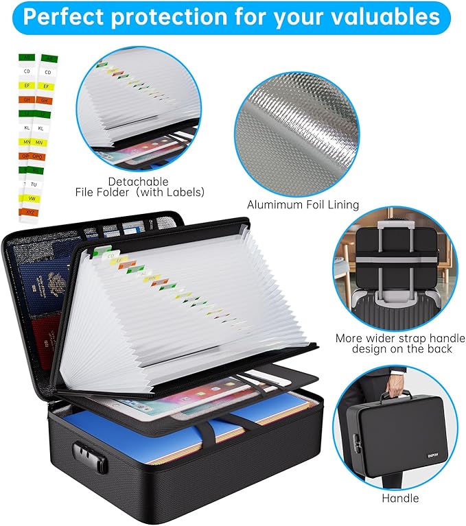 ENGPOW Fireproof Document Box with Lock,5200℉ Soft Case Fireproof Box with 25 Pocket Accordion File Folder,Multi-Layer Fireproof Water Resistant File Organizer Storage for Important Documents,Laptop