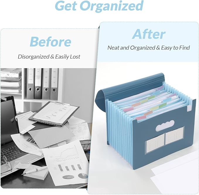 SKYDUE Accordion File Organizer, 13 Pocket File Folder Organizer with Monthly & Blank Labels, Mist Blue Document Organizer with Solid Inner Pages, Letter A4 Size for Office School