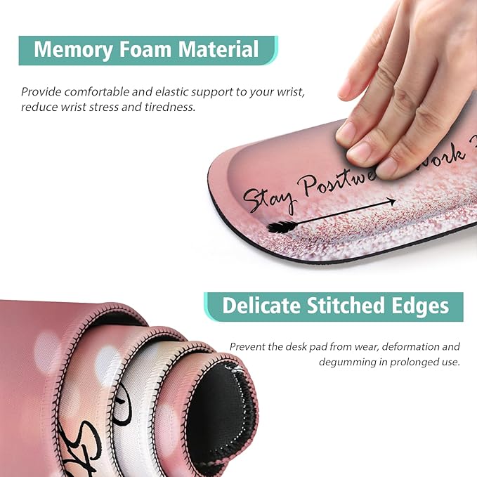 Desk Mat Pad, XXL Large Gaming Mouse Pad with Wrist Rest Wrist Support, 4in1 Desk Pad Set with Ergonomic Design Non-Slip for Home Office Gaming(Blue and Pink Quotes)