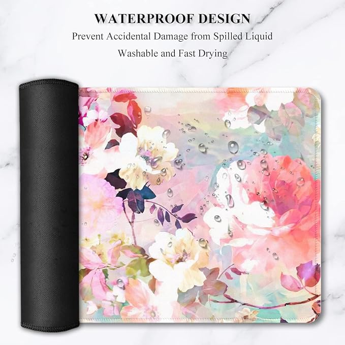 Auhoahsil Desk Pad, XXL Large Mouse Extended Gaming Mousepad, Cute Mat for Women, Big Office Accessories Pad Computer Keyboard and Laptop, 35.5 x 15.7 Inch, Pretty Pink Flowers, Girly Flowers