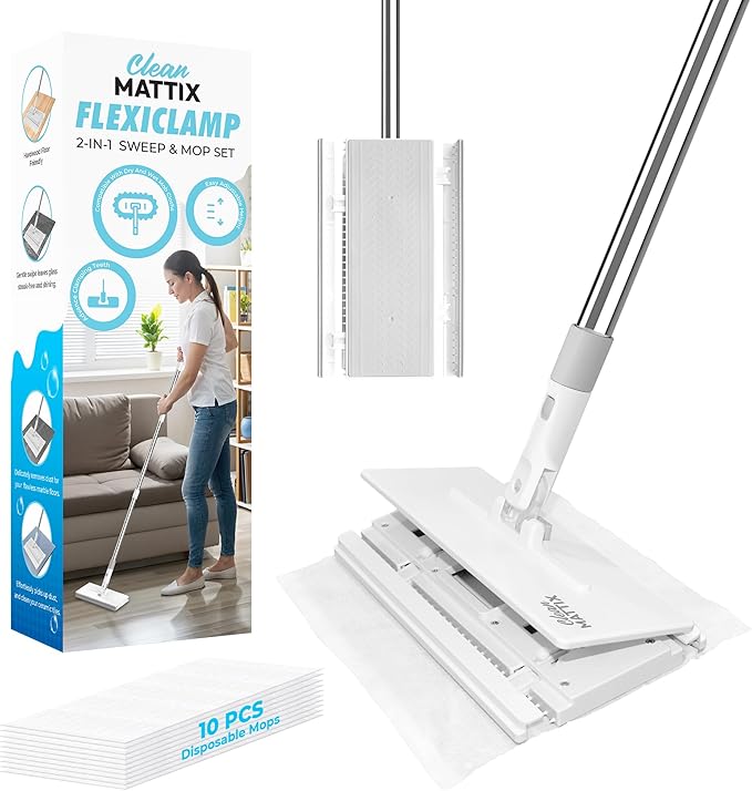 CleanMattix - FlexiClamp Sweep & Mop Kit - Compatible with Swiffer Pads, Durable Cleaning Tool for Hardwood, Tile, Marble & Laminate Floors, Home, Kitchen Cleaning Essentials. (Include 10 Dry Cloths)