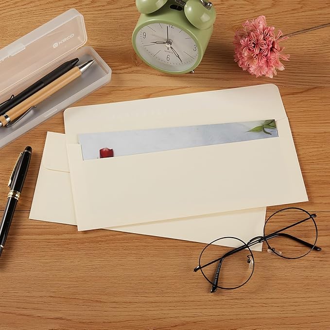 100 Pack Colorful #10 Business Envelopes Self Seal Standard Envelopes for Office Checks, Business, Letter Mailing Invoices, 4.13 x 9.49 Inches (Cream Color)