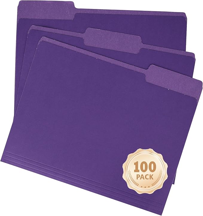 100 Pack Purple File Folders 8.5x11 Inch,1/3 Cut Tab File Folders Letter Size,Office Folders for Document