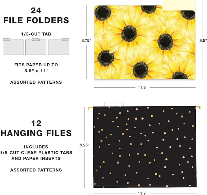 Global Printed Products Deluxe Designer Hanging File Folder Kit, Includes Metal Hanging Basket, 12 Hanging Folders, 24 File Folders, 1/3 Cut Tab, Assorted Positions, Letter Size (Sunflower)
