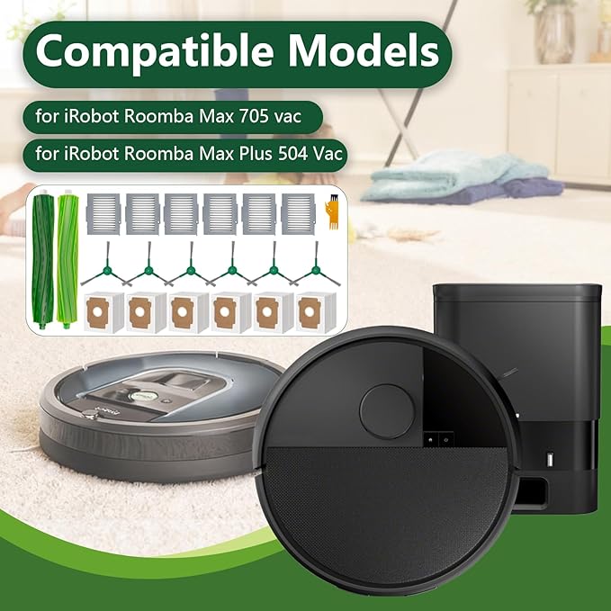 Replacement for iRobot Roomba Max 705 vac, Roomba Plus 504 Vac Vacuum Cleaner, 1 Main Brush, 6 Dust Bags, 6 Filters, 6 Side Brushes, Plus 504 Vac Accessories Set 20 Pcs