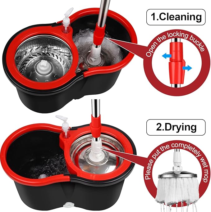 Mop and Bucket with Wringer Set, Floor Cleaning, Household Cleaning Supplies, Stainless Steel Mop Bucket, 3 Microfiber Mop Refills, 61" Extended Handle, Black/Red
