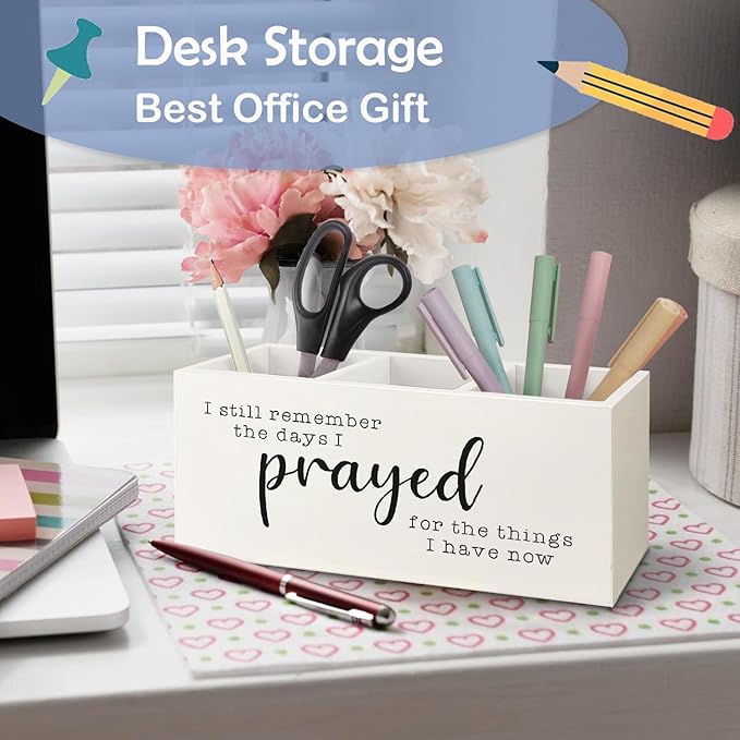 SNNDER Christian Pen Holder for Desk, Motivational Desk Decor Wooden Pen Pencil Holder Organizer for Home Office Accessories