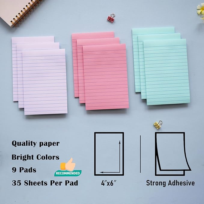 9 Pack Lined Sticky Notes 4X6 in Post Sticky Notes with Lines, Large Ruled Post Sticky Colorful Super Sticking Power Memo Pads Strong Adhesive (Orchid Frost, Pink, Blue)