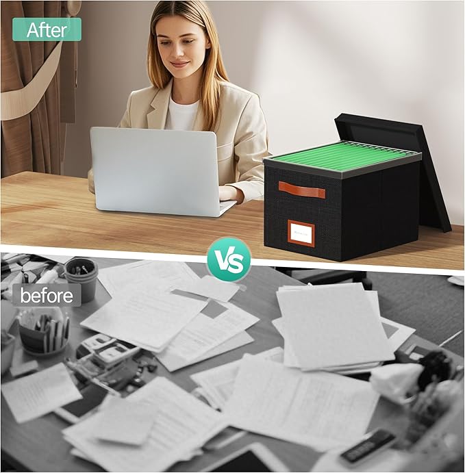 File Box for Hanging, File Organizer Box with Lid Decorative File Folders Organizer with One-Piece Integrated Plastic Slide Rail (Black, 13.2x10.1x10.1inch(2pack))