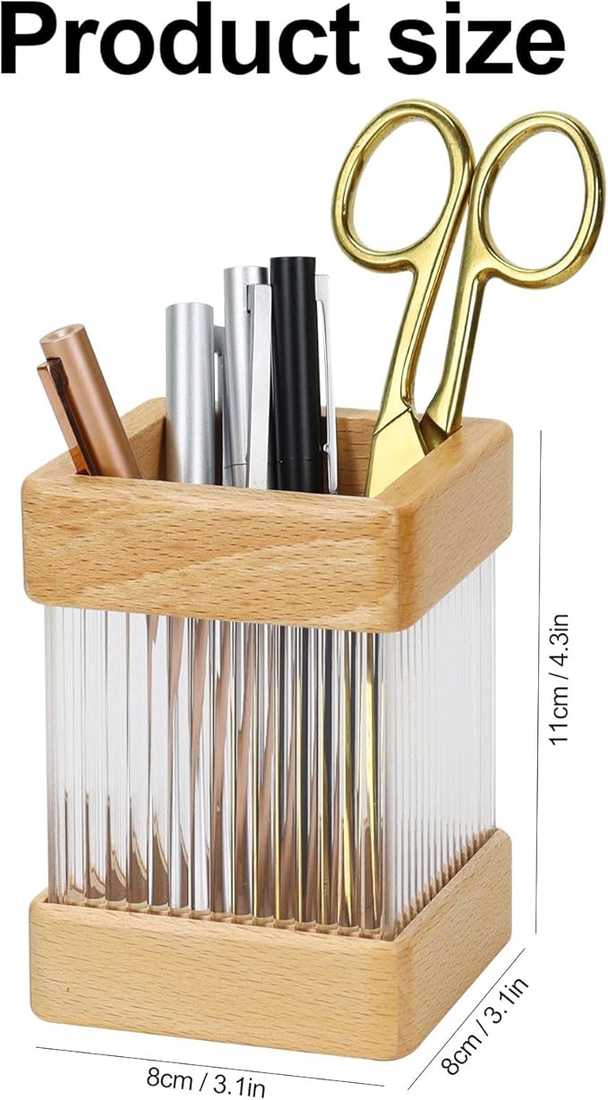 MultiBey Beech Wooden Pencil Holder, Clear Acrylic Wood Pen Holder, Modern Pen Cup Organizer Stand Wood Desk Accessory Organizer for School Office Home Supplies