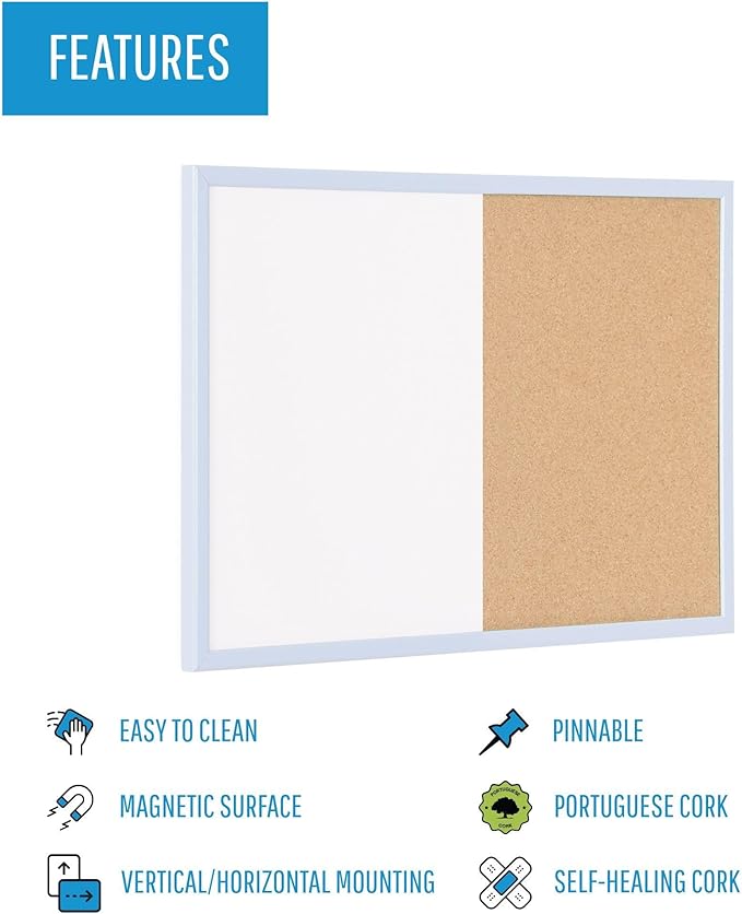 MasterVision Pastel Collection Combo Dry Erase Whiteboard/Cork Bulletin Board, Blue Colored MDF Frame, 23.62" x 17.72"