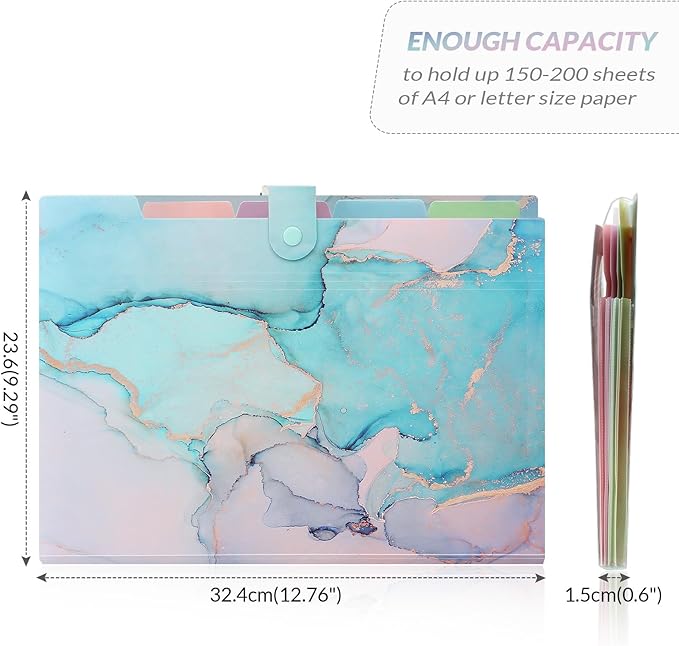 SKYDUE 5 Pockets Expanding File Folder, File Folders, Cute Accordion File Organizer with Labels (1 Pack, Lightblue)