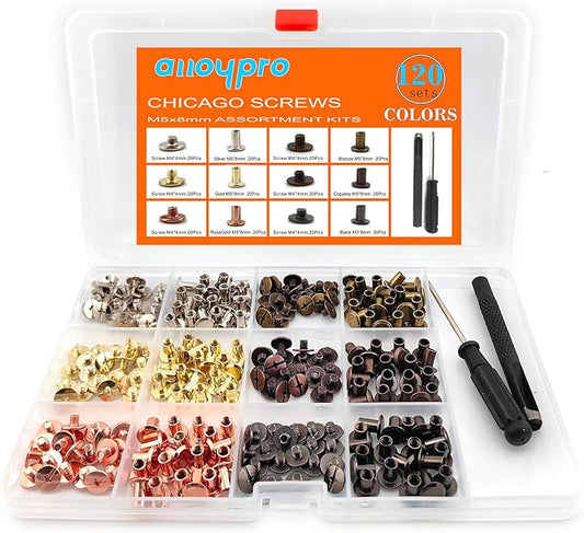 120 Sets Chicago Screws with Hole Puncher and Screwdriver Assorted Kit 6 Color Leather Rivets Screw Flat Fillister Book Binding Posts Nail Rivet Chicago Bolts for DIY Leather Craft (5×8mm)