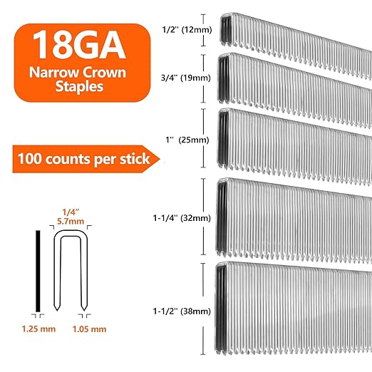 1000-Count 3/4 Inch Length 18 Gauge 1/4 Inch Narrow Crown Staples, Heavy Duty Beveled Chiseled Pointed Galvanized Staples, for Pneumatic, Electric 18GA Stapler Gun