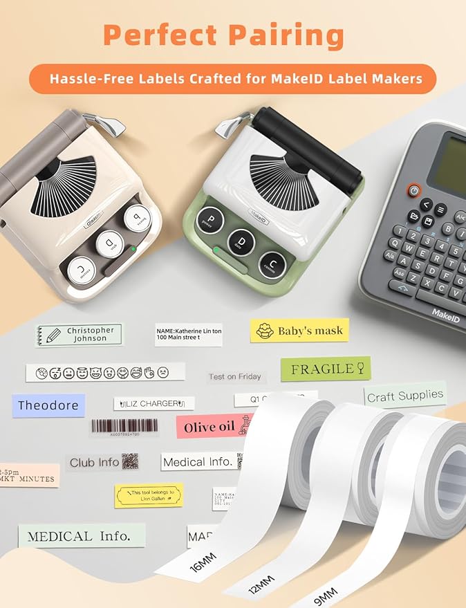MakeID E1 Q1 Label Maker Tape Refills, 16mm x 4m (0.63" x 13') Continuous Sticker Thermal Laminated Waterproof Self-Adhesive Multipurpose Labeling Tape Replacement
