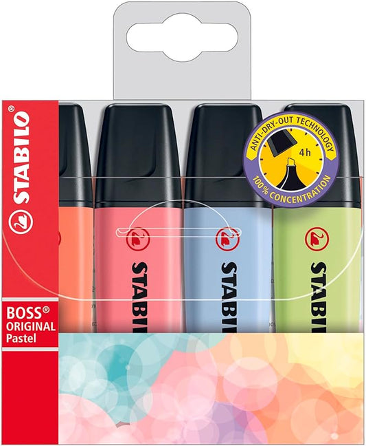STABILO Highlighter BOSS ORIGINAL Pastel - Pack of 4 - Mellow Coral Red, Cherry Blossom Pink, Cloudy Blue, Dash of Lime