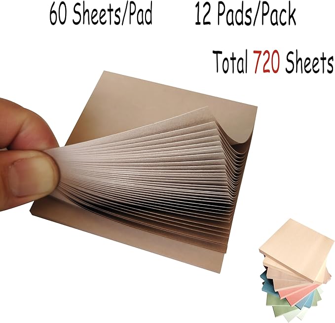 Sticky Notes 3x3 Inches (12 Pads/Total 720 Sheets), Vintage Colors Cute Sticky Notes Bulk, Easy to Post,Super Sticking Power Memo Pads for Home, Office