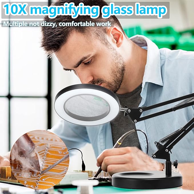 KIRKAS 10X Magnifying Glass with Light and Stand, 2-in-1 Stepless Dimmable LED Desk Lamp with Clamp, 3 Color Modes Lighted Magnifier Swivel Arm Light for Reading, Craft, Close Works - Black