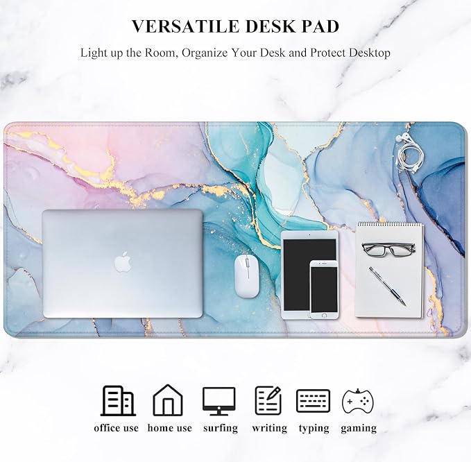 Auhoahsil Large Mouse Pad, XXL Gaming Mousepad, Desk Mat for Desktop, Thick Rubber, Big & Long Size, Stitched Edges, Full Desk Pad for Laptop & Computer, Extended 31.5 x 11.8 in, Blue Pink Marble