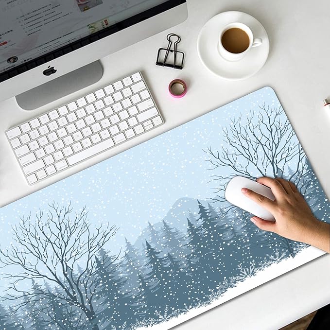 Extended Gaming Mouse Pad (31.5x11.8 in), Large Non-Slip Rubber Base Mousepad,Keyboard Mouse Mat Desk Pad for Work, Game, Office, Home -Winter Mountain Landscape with Snow Trees, Bo-M-012