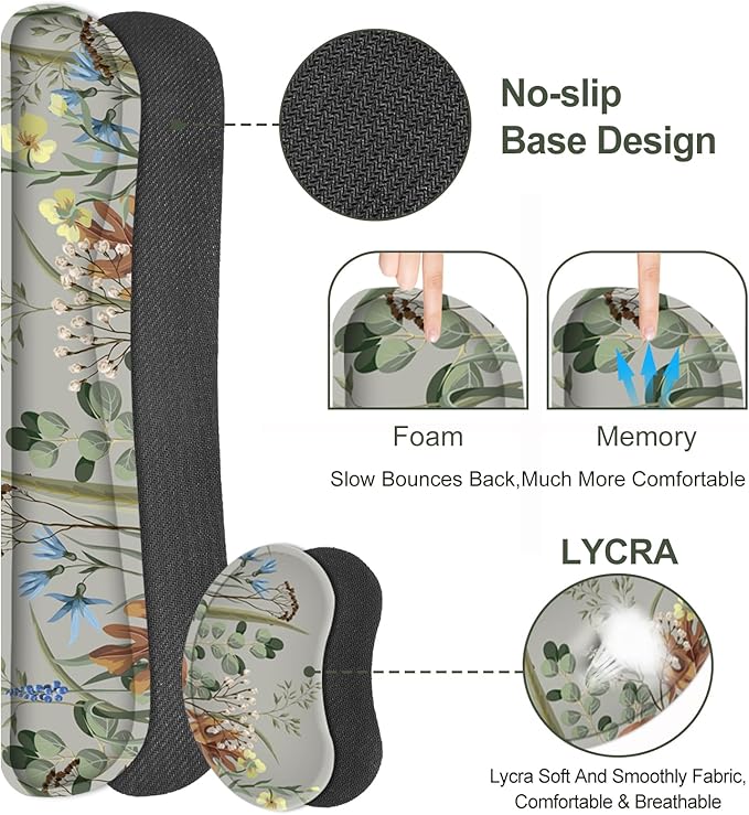 Keyboard Mouse Pad Set, Extended Gaming Mouse Pad +Keyboard Wrist Support +Mouse Wrist Rest +Coaster, 35.4x15.7 in XXL Large Ergonomic Desk Mat 4in1 Set for Home Office, Plant Flowers