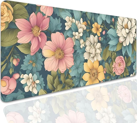 Colorful Flowers Desk Pad Mouse Pad,Large Floral Mouse Mat with Stitched Edges,Non-Slip Rubber Base Mousepad for Office PC Keyboard Laptop and Home Work Desk Mat(27.5X11.8 in)