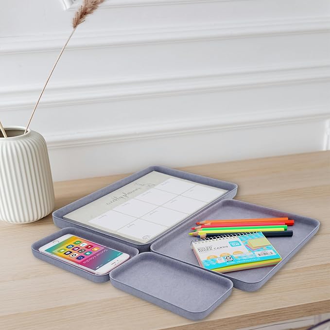 Welaxy EDC Catchall Desk Organizer felt tray stylish nightstand multi tray Entryway Bedside Caddy for Keys Phone Wallet Watch Glasses Pens Office Accessory minimalist living 4-piece (Glacier Gray)